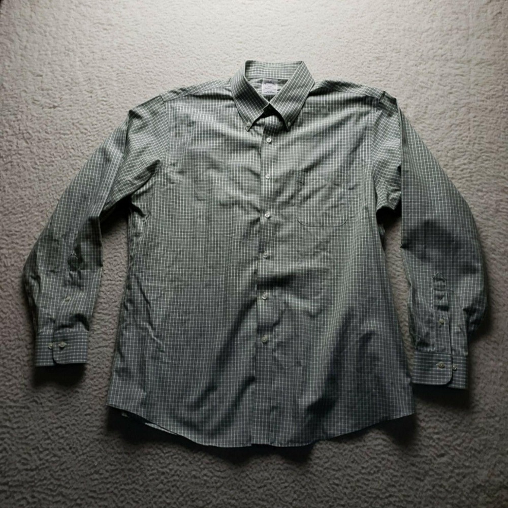 Brooks Brothers Dress Shirt Mens 16.5 34/35 Green Check Regent Non Iron Cotton